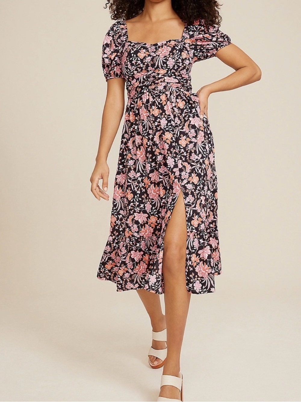 Maurice’s Floral Square-Neck Midi Dress in Black and Pink